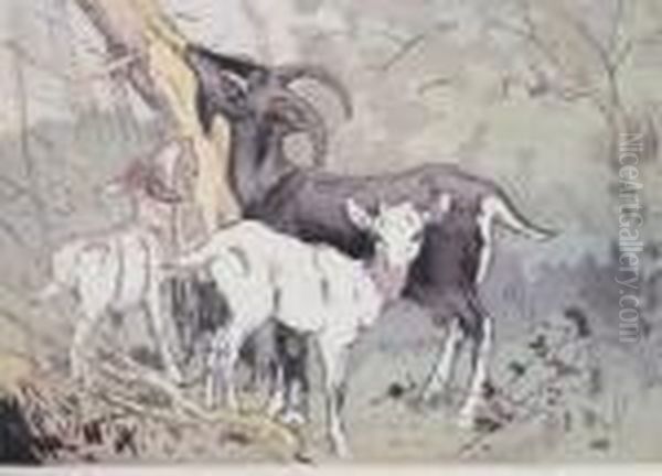 A Goat And Kids By A Tree Oil Painting by Allen William Seaby