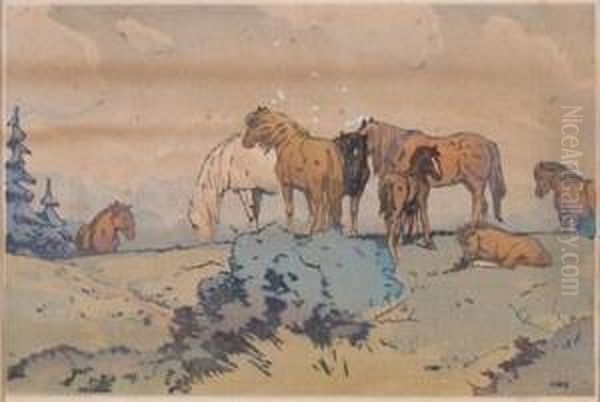 New Forest Ponies Oil Painting by Allen William Seaby