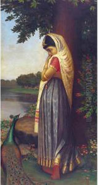 Lady With Peacock Signed And Dated 'j. Seal 1919' Lower Right Oil On Canvas Oil Painting by Jogesh Chander Seal