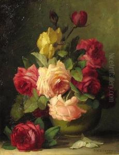 A Still Life Of Roses In A Vase Oil Painting by George W. Seavey