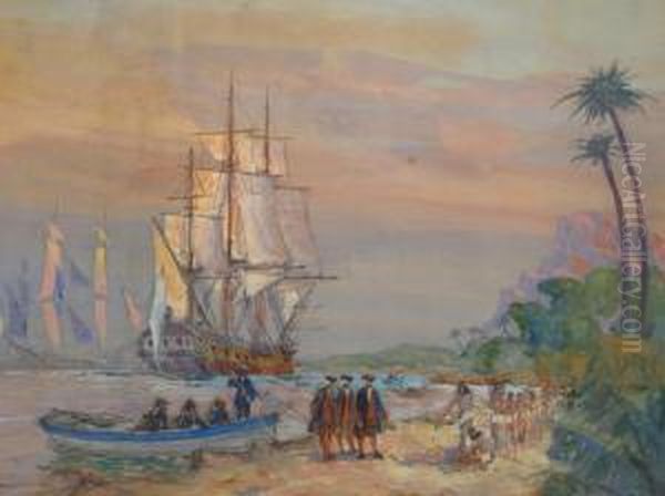 Le Debarquement De Bougainville A Tahiti Oil Painting by Albert Sebille