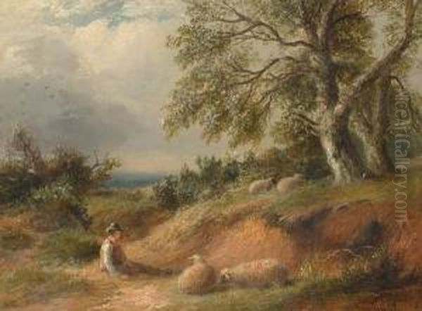 Sheep And A Boy Resting In A Country Landscape. Oil Painting by Thomas Strong,lt.Col Seccombe