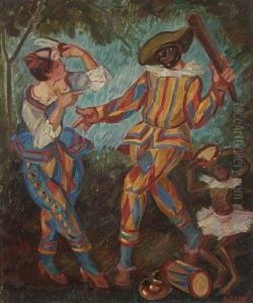 Harlekin Und Columbine. Oil Painting by Josef Seche