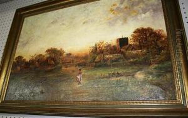 Village Scene With Young Girl Oil Painting by F. Sedgley