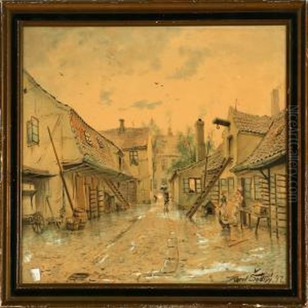 A Danish Street Scene Oil Painting by Karel Sedivy