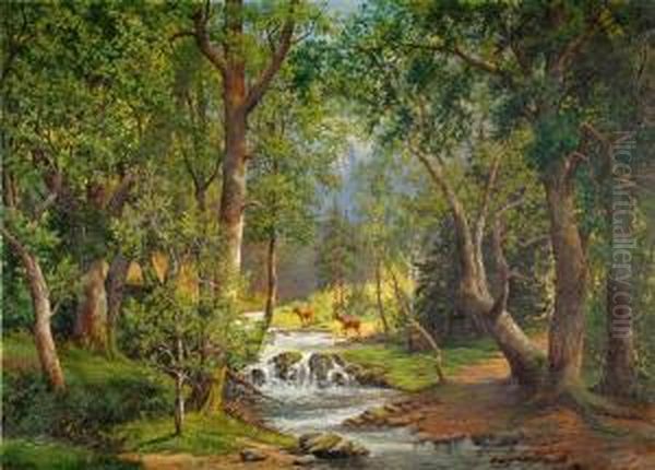 Landscape With A River And Deers Oil Painting by Joseph Sedlacek