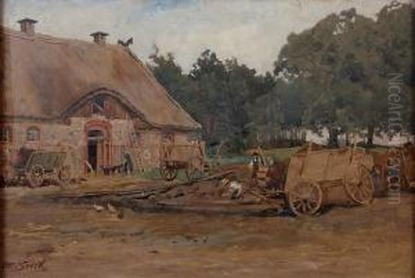 A Farmhouse Scene With Figures Working In The Field Oil Painting by Otto Seeck