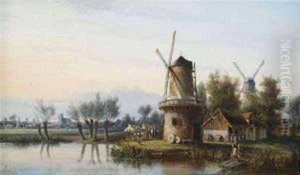 Dutch Landscape With Windmills, In The Backround A Town'ssilhouette. Oil Painting by Hermann Ludwig Seefisch