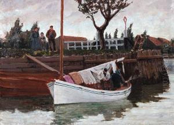 Ankerndes Segelboot An Schleusenwand Oil Painting by Hermann Seeger