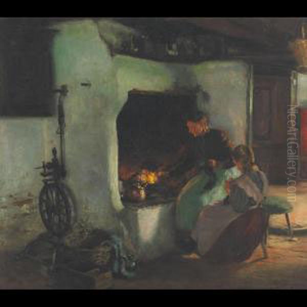 Knitting By The Fire Oil Painting by Hermann Seeger