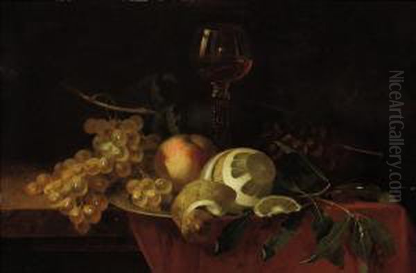 An Orange, A Peach, Grapes And A Glass Of Wine On A Salver On A Draped Table Oil Painting by P Seegers