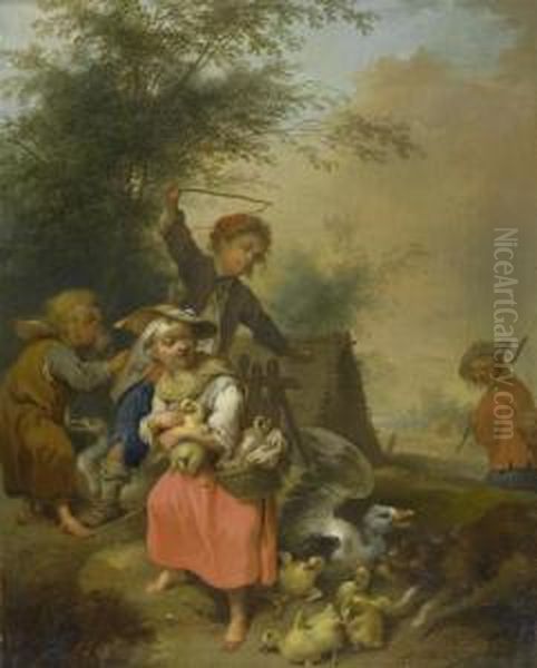 Peasant Children With Geese And Chicks. Oil Painting by Joseph Conrad Seekatz