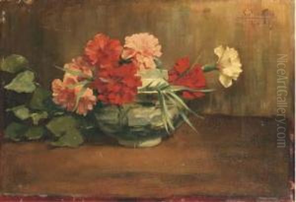 Red, Pink And White Carnations Oil Painting by Emiel Seeldrayers