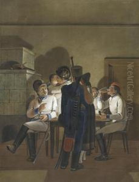 Frenchmen In A Tavern Oil Painting by Johann Baptist Seele