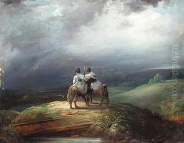 Zwei Kavalleristen In Abendlicher Landschaft Oil Painting by Johann Baptist Seele