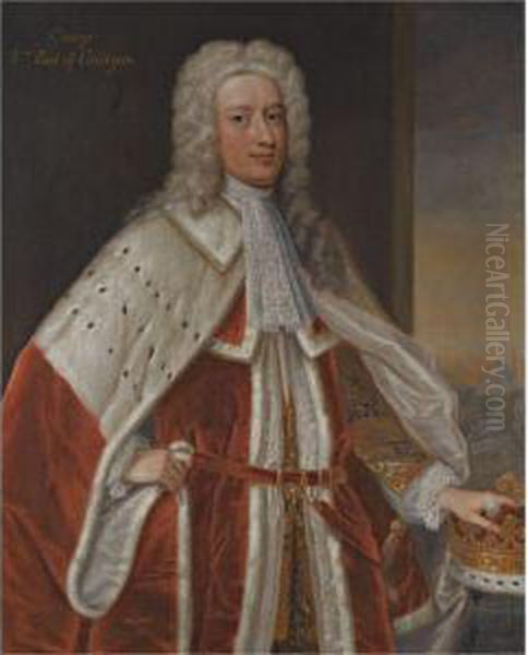 Portrait Of George, 3rd Earl Of Cardigan Wearing Peers's Robes, Hisleft Hand Resting On His Coronet, A Pyramid Beyond Oil Painting by Enoch Seeman