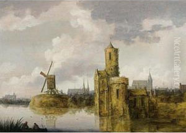 A River Landscape With A Fortified Tower And A Windmill, A View Of A Town With Churches In The Background Oil Painting by Pieter Segaer