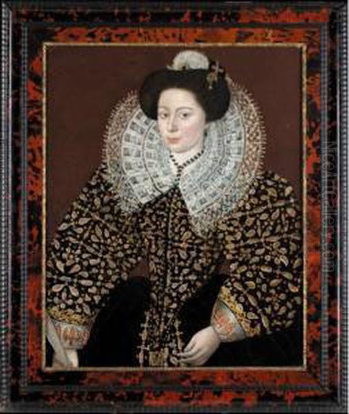 Portrait Of A Lady, Half Length, Wearing A Richly Embroidered Dress And A White Ruff, Holding A Fan Oil Painting by Sir William Segar