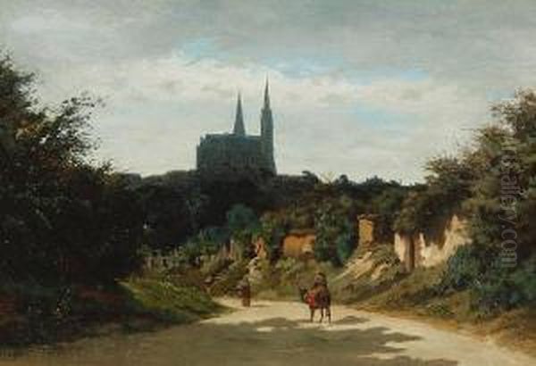 Travellers On A Road Before A Distant Cathedral Oil Painting by Alexandre Sege