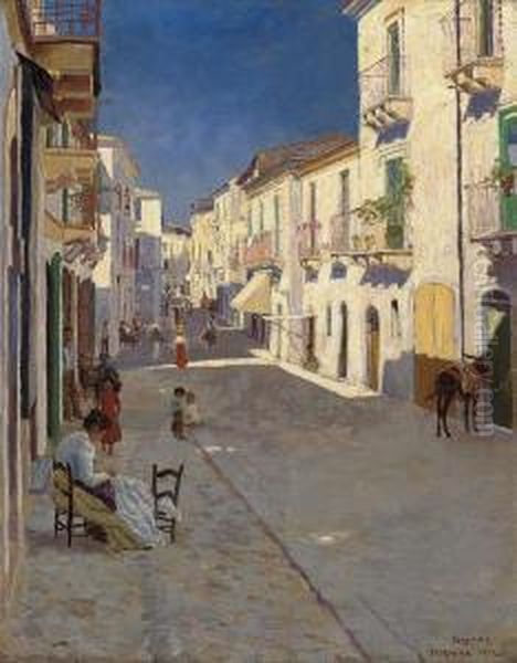 A Bustling Street, Taormina Oil Painting by Severin Segelcke