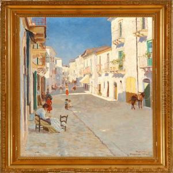 Street Scene Intaormina On A Hot Afternoon Oil Painting by Severin Segelcke