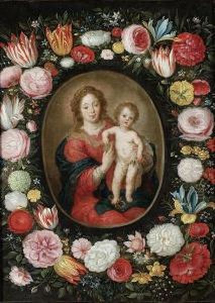 Vierge A L'enfant Ecrasant Le Serpent Dans Une Guirlande De Fleurs Oil Painting by Daniel Seghers