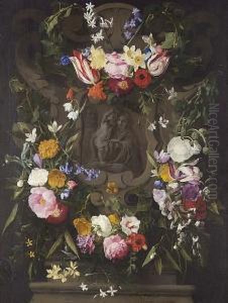 Roses, Narcissi, Tulips, Snowdrops, Morning Glory, Hyacinths Jasmine And Other Flowers In A Garland Surrounding A Stone Cartouche With The Holy Family Oil Painting by Erasmus II Quellin (Quellinus)