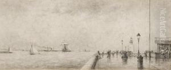 Figures On A Promenade With Shipping Beyond Oil Painting by Henri Seghers