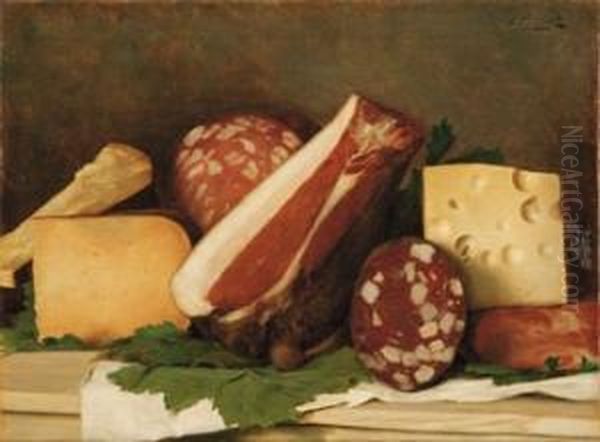 Natura Morta Con Salumi E Formaggi Oil Painting by Alcide Segoni