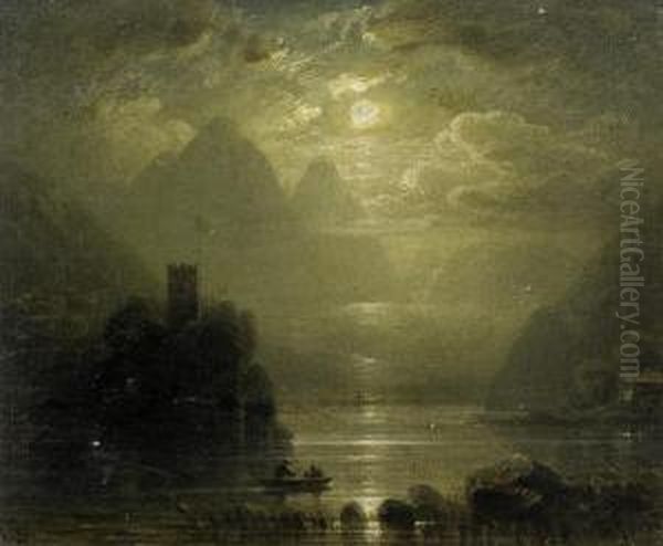 Moonlight Over Lake Geneva With Thechateau Chillon Oil Painting by August Seidel