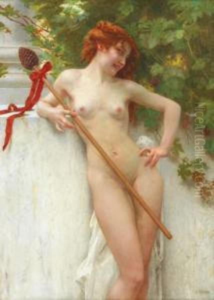 Nu De Jeune Femme Accoudee A La Colonne Tenant Le Baton De Dionysos Oil Painting by Guillaume Seignac