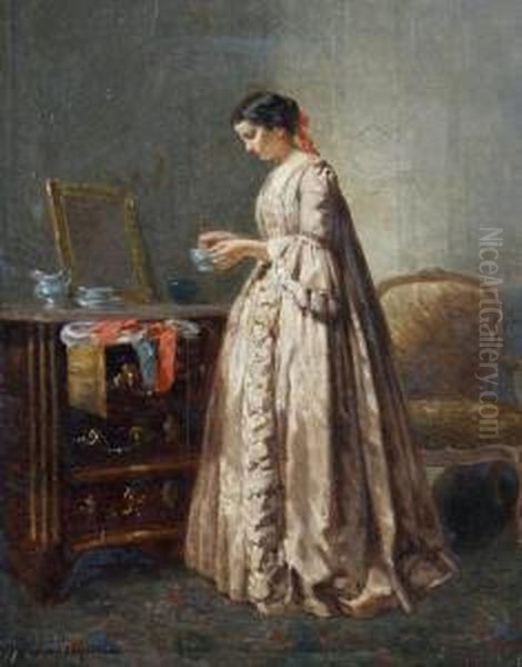 A Lady In A Bedroom Interior Oil Painting by Paul Seignac