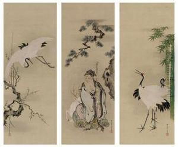 Jurojin And Cranes Oil Painting by Kano Seisen'In