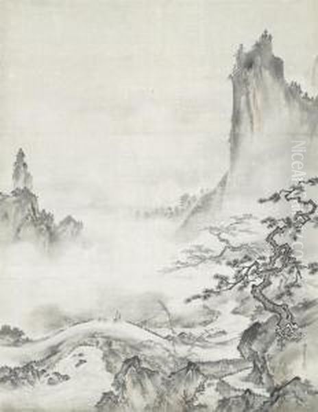 Chinese Landscape After Shubun Oil Painting by Kano Seisen'In