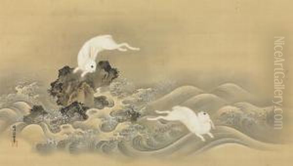 Rabbits Frolicing In The Waves Oil Painting by Kano Seisen'In