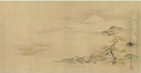 Thatched Cottages And Mount Fuji Oil Painting by Kano Seisen'In