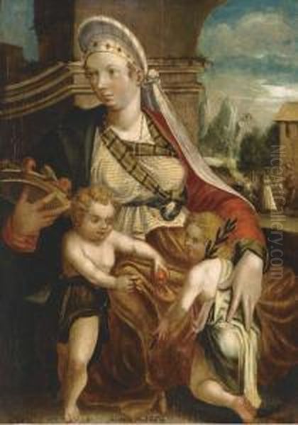 Sarah, Issac And A Boy, With The Banishment Of Hagar And Ishmaelbeyond Oil Painting by Jakob Seisenegger