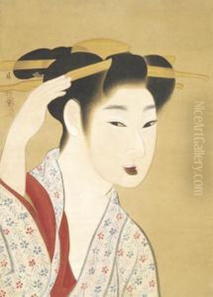 Beauty Adjusting Her Hair Ornaments Oil Painting by Gion Seitoku