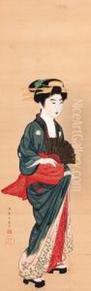 Geisha With Fan Oil Painting by Gion Seitoku