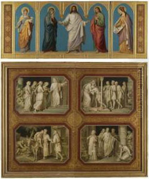 Triptychon Mit Den Auferstandenen Christus Umgeben Von Agnes, Maria, Johannes Und Elisabeth, Sowie Vier Parabeln (a Triptych Depicting The Resurrected Christ With Agnes, Mary, John And Elisabeth And The Parables Of Christ) Oil Painting by Alexander Maximilian Seitz