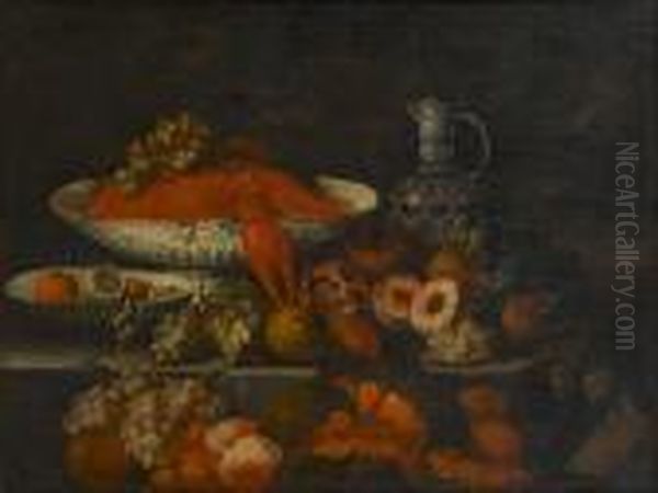 Lobster And Grapes In A Porcelain Dish, With Peaches, Grapes, Pomegranates And Plums On A Stone Ledge Oil Painting by Johann Seitz