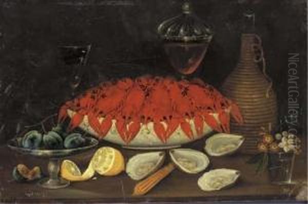 Crayfish In A Porcelain Bowl And Plums On A Tazza Oil Painting by Johann Seitz