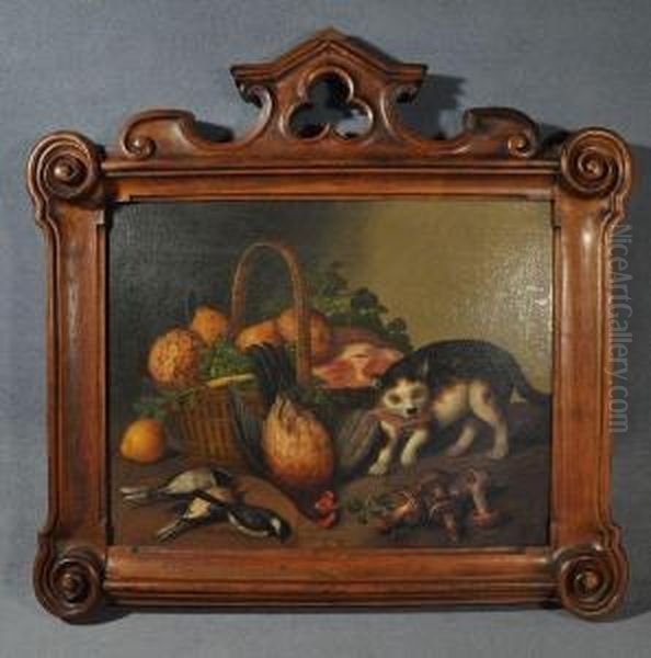 Nature Morte Aux Fruits Et Nature Morte Aux Volatiles Animee D'un Chat Oil Painting by Georg Seitz