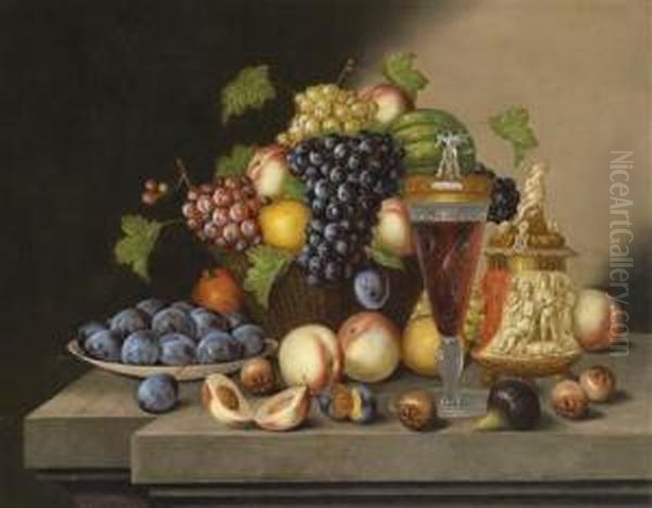 Stilllife With Basket Of Fruit And Wine Goblet Oil Painting by Georg Seitz