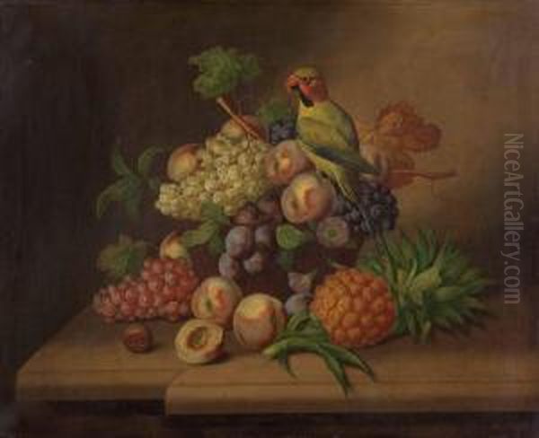 Fruchtestillleben Mit Papagei Oil Painting by Georg Seitz