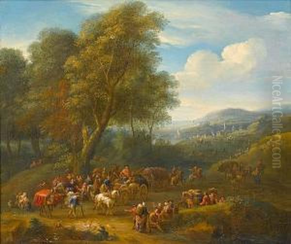 Travellers Merrymaking Outside A Country Inn, A Riverside Town Beyond; And Travellers On A Country Path, A Mountainous Landscape Beyond Oil Painting by Elisabeth Seldron