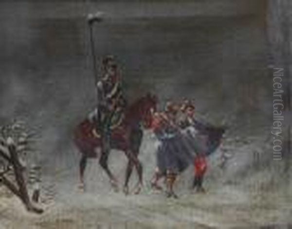 Preusischer Kavallerist Mit Zwei Franzosischen Gefangenen In Winterlandschaft Oil Painting by Christian Ii Sell