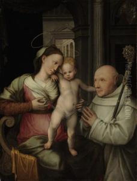 The Virgin And Child With A Cistercian Monk Oil Painting by Vincent Sellaer