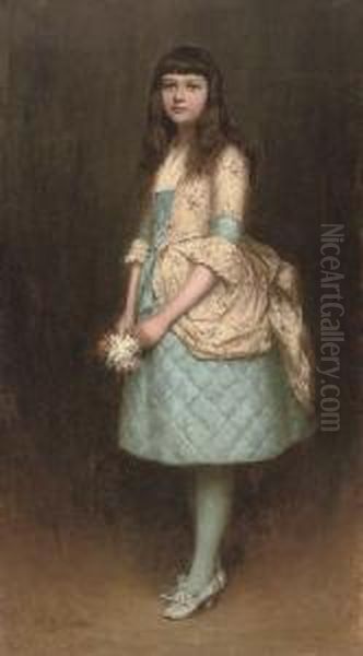 Portrait Of Eva Mackintosh, Full-length, In A Blue Dress With A Cream Flower Covered Bustle Swag And Bodice, Holding A Posy Of Flowers Oil Painting by Charles A. Sellar