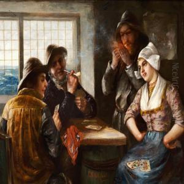 Three Fishermen And A Young Girl Playing Cards Oil Painting by J. Sellenati